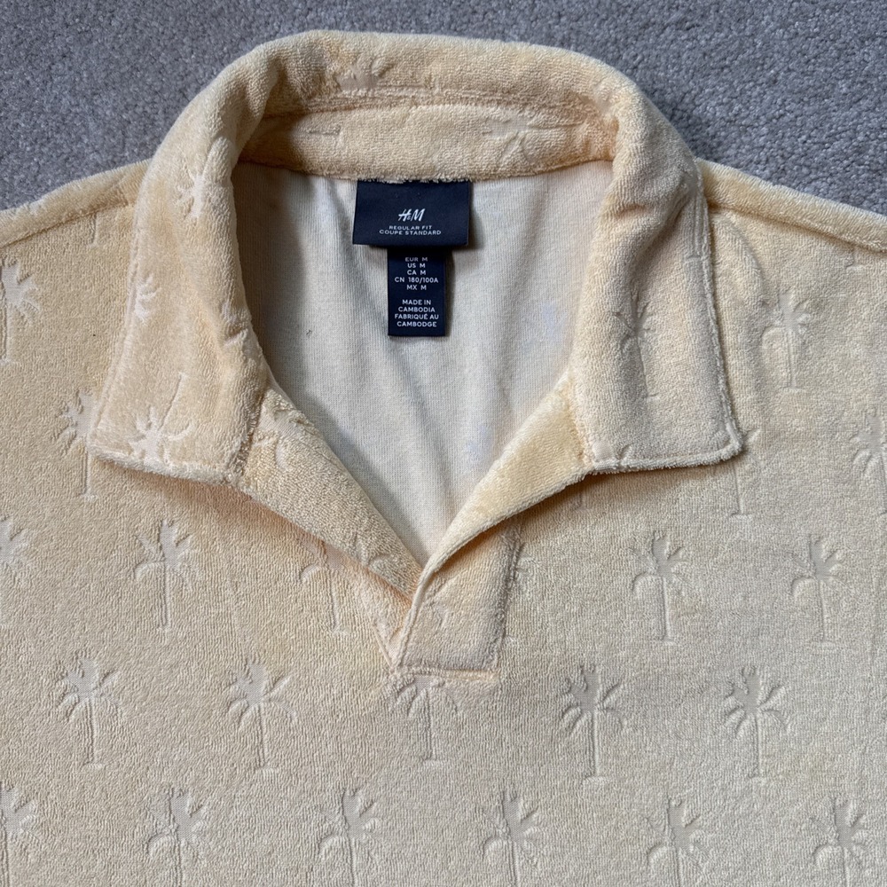 H&M Terry Polo Yellow Size M Palm Tree AOP Beach‎ Short Sleeve - Picture 2 of 7